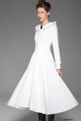 Handmade White swing fit and flare wool coat  1412#