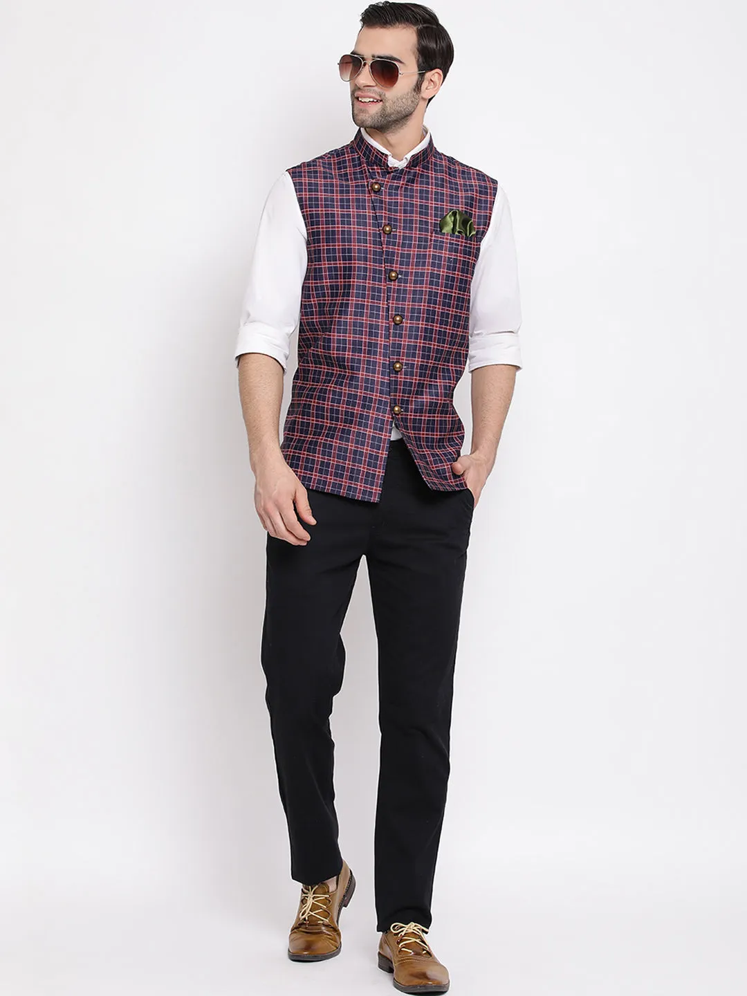 Jashvi Men's Blue Checked And Angrakha Pattern Classic Nehru Jacket