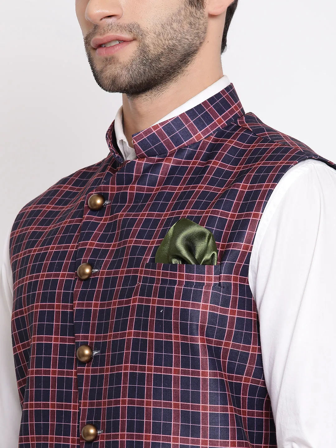 Jashvi Men's Blue Checked And Angrakha Pattern Classic Nehru Jacket
