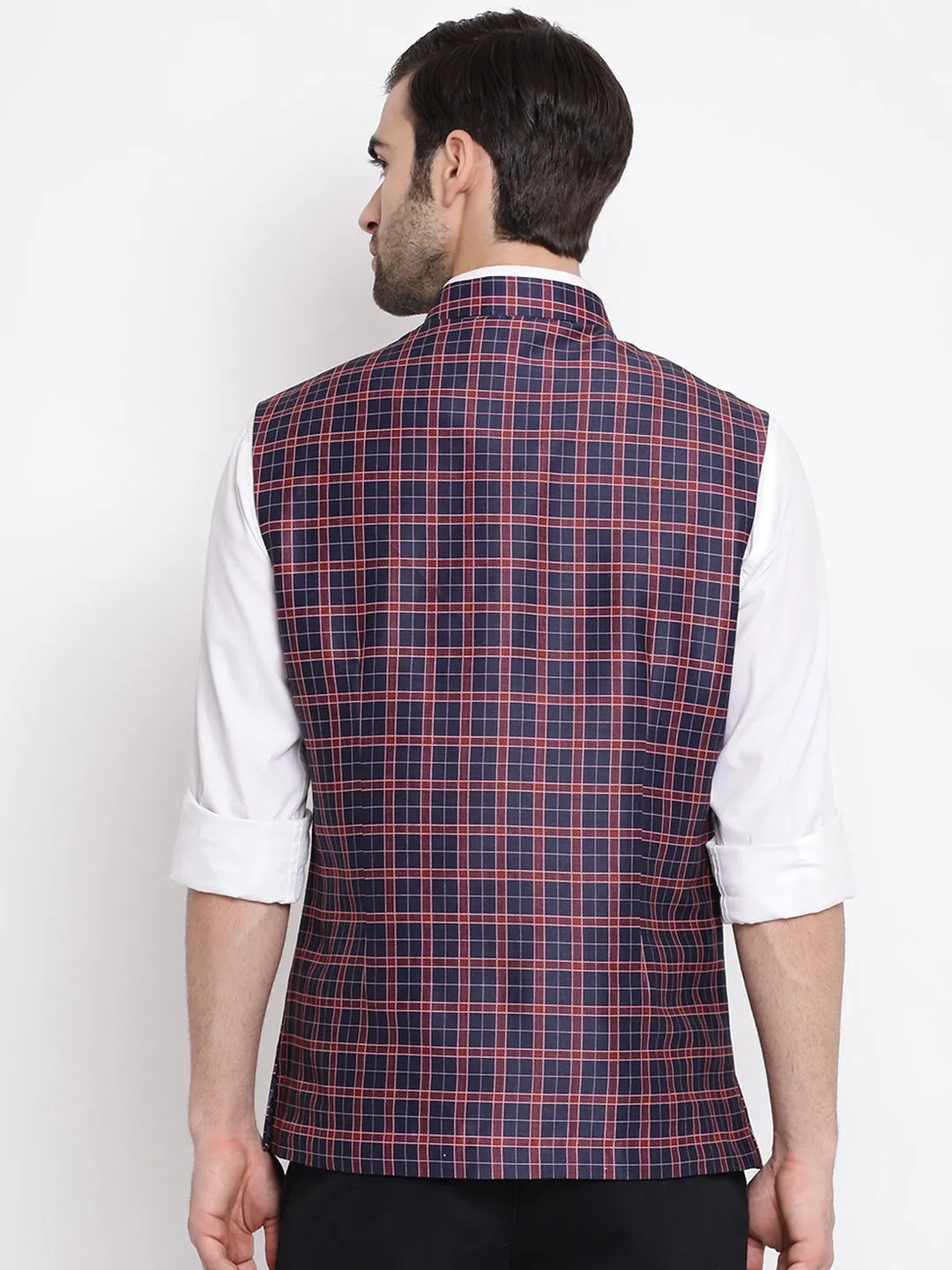 Jashvi Men's Blue Checked And Angrakha Pattern Classic Nehru Jacket