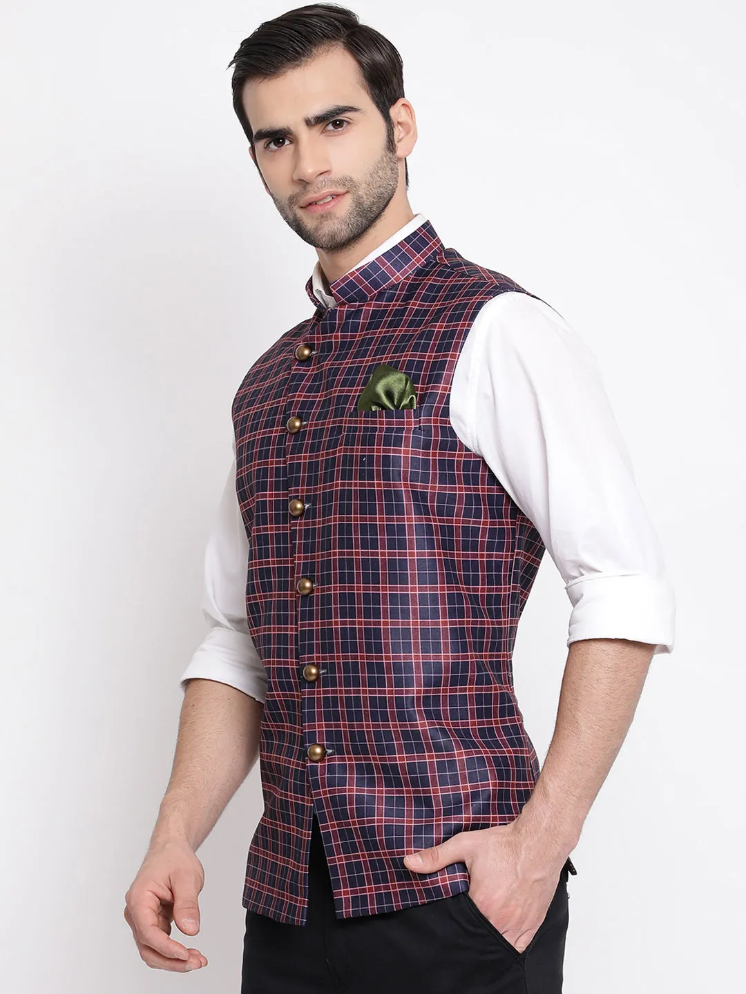 Jashvi Men's Blue Checked And Angrakha Pattern Classic Nehru Jacket