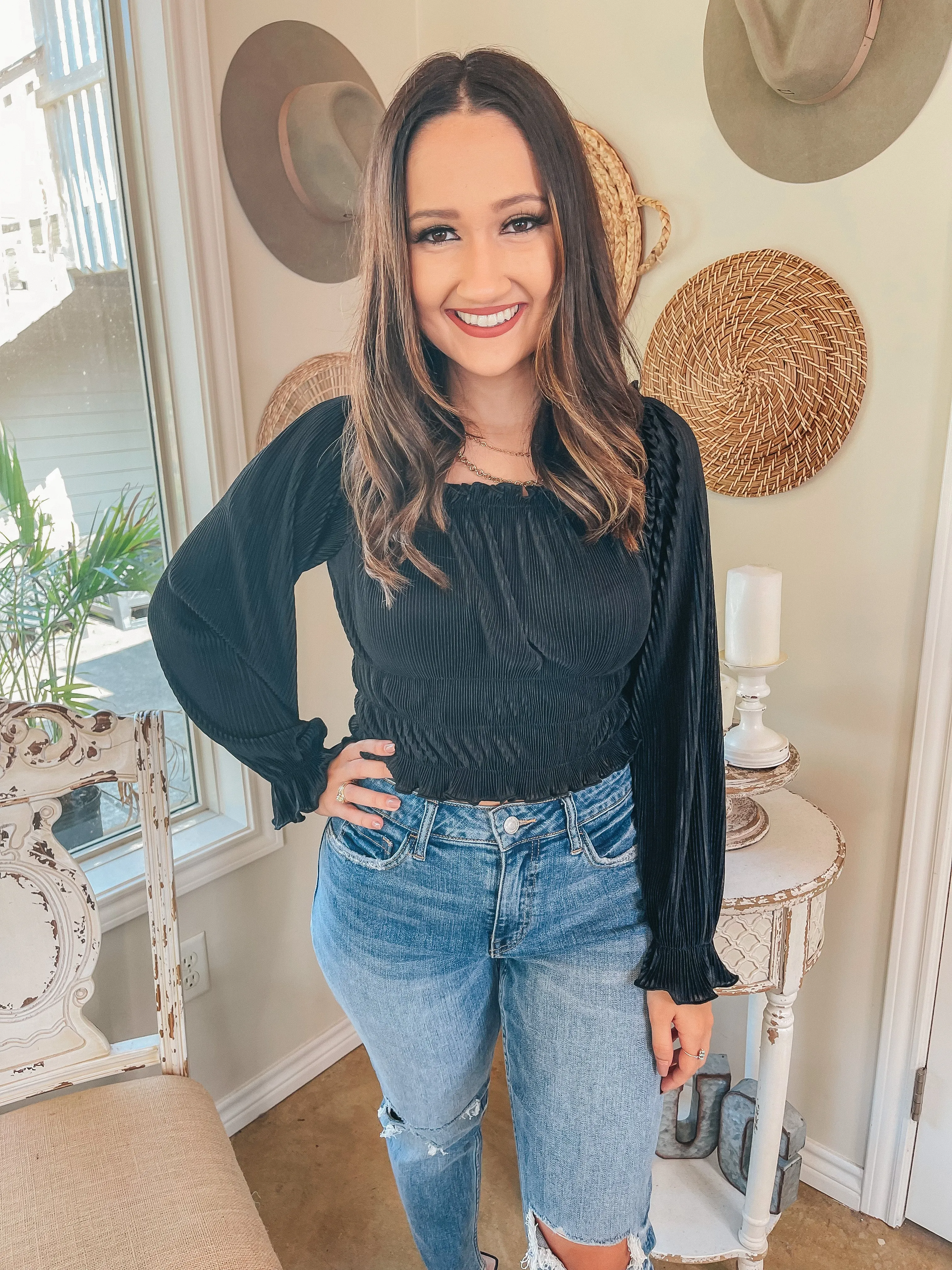 Last Chance Size Small | Into the Evening Satin Pleated Long Sleeve Crop Top in Black