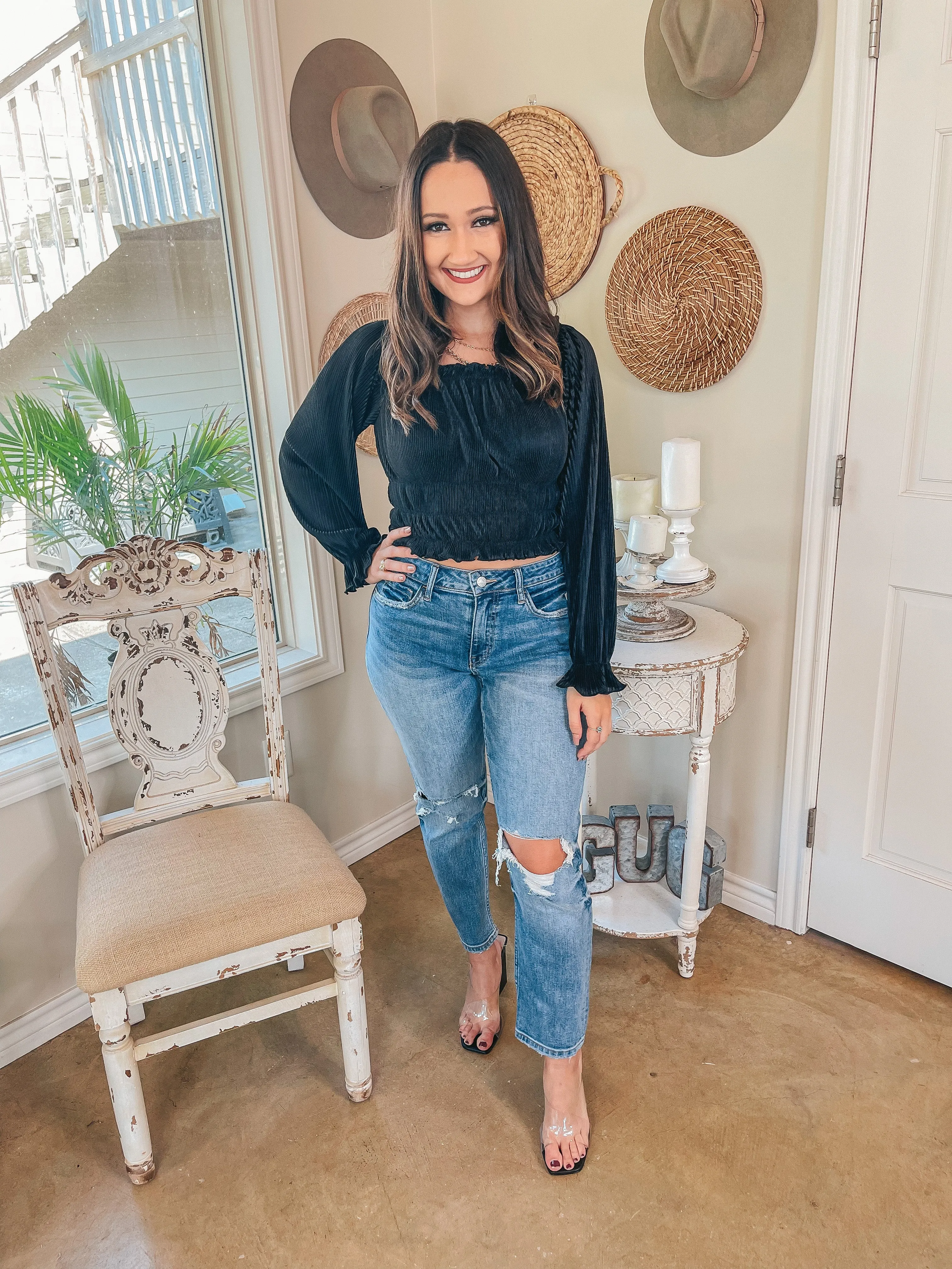 Last Chance Size Small | Into the Evening Satin Pleated Long Sleeve Crop Top in Black
