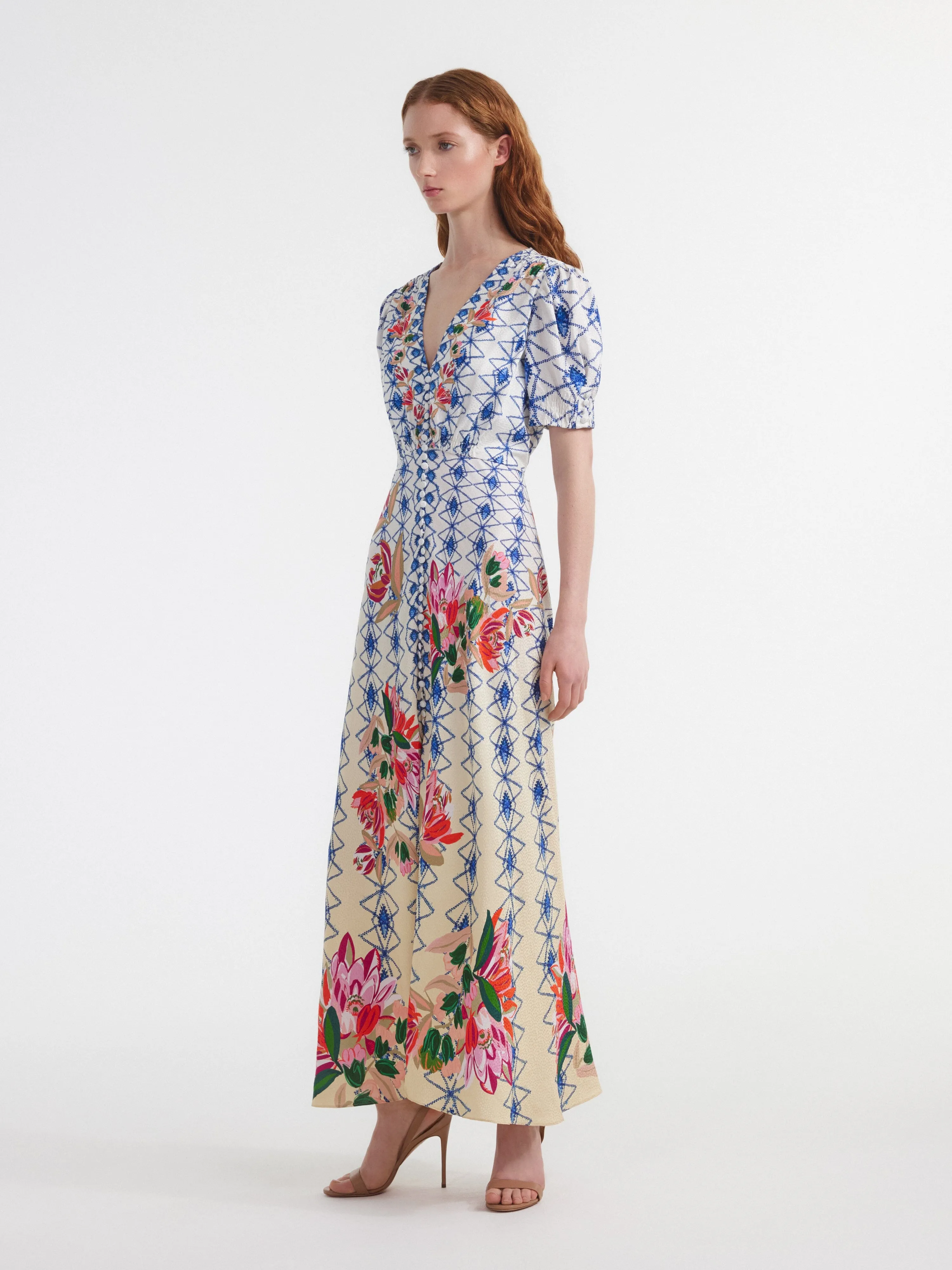 Lea Long Dress in Opal Trellis print