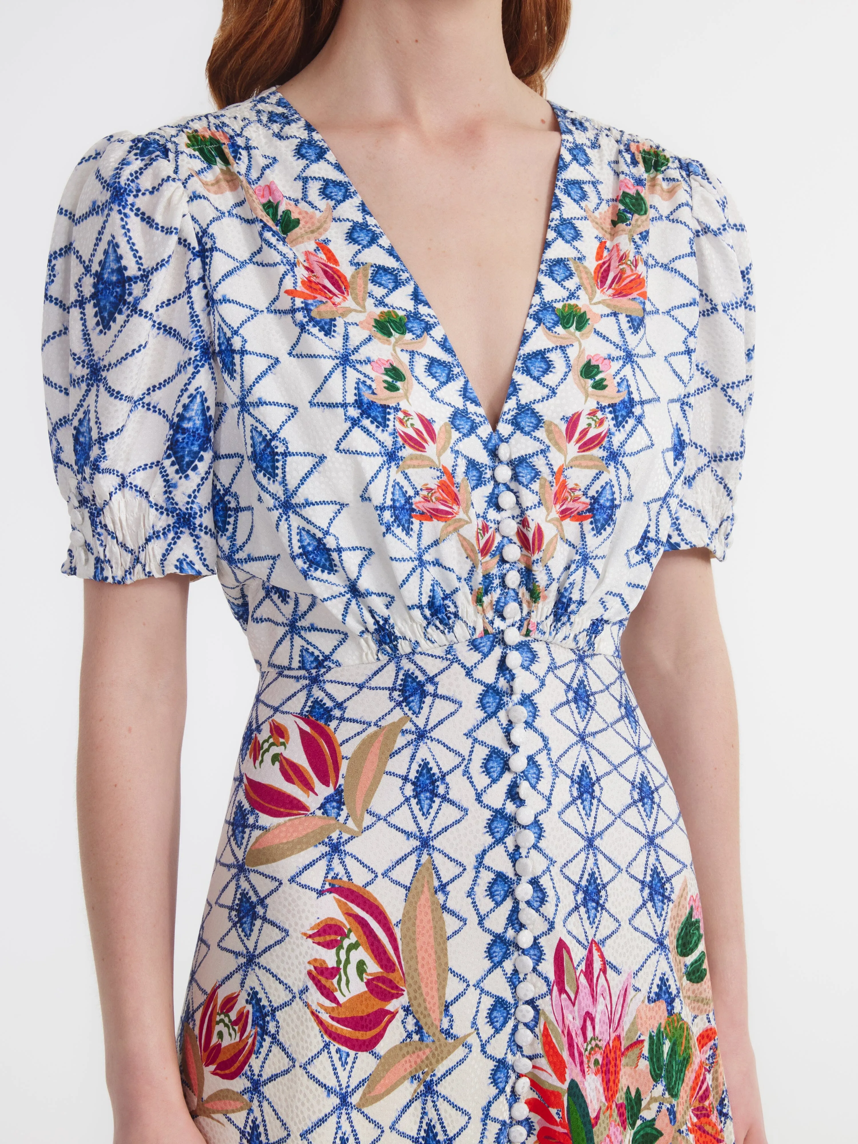 Lea Long Dress in Opal Trellis print