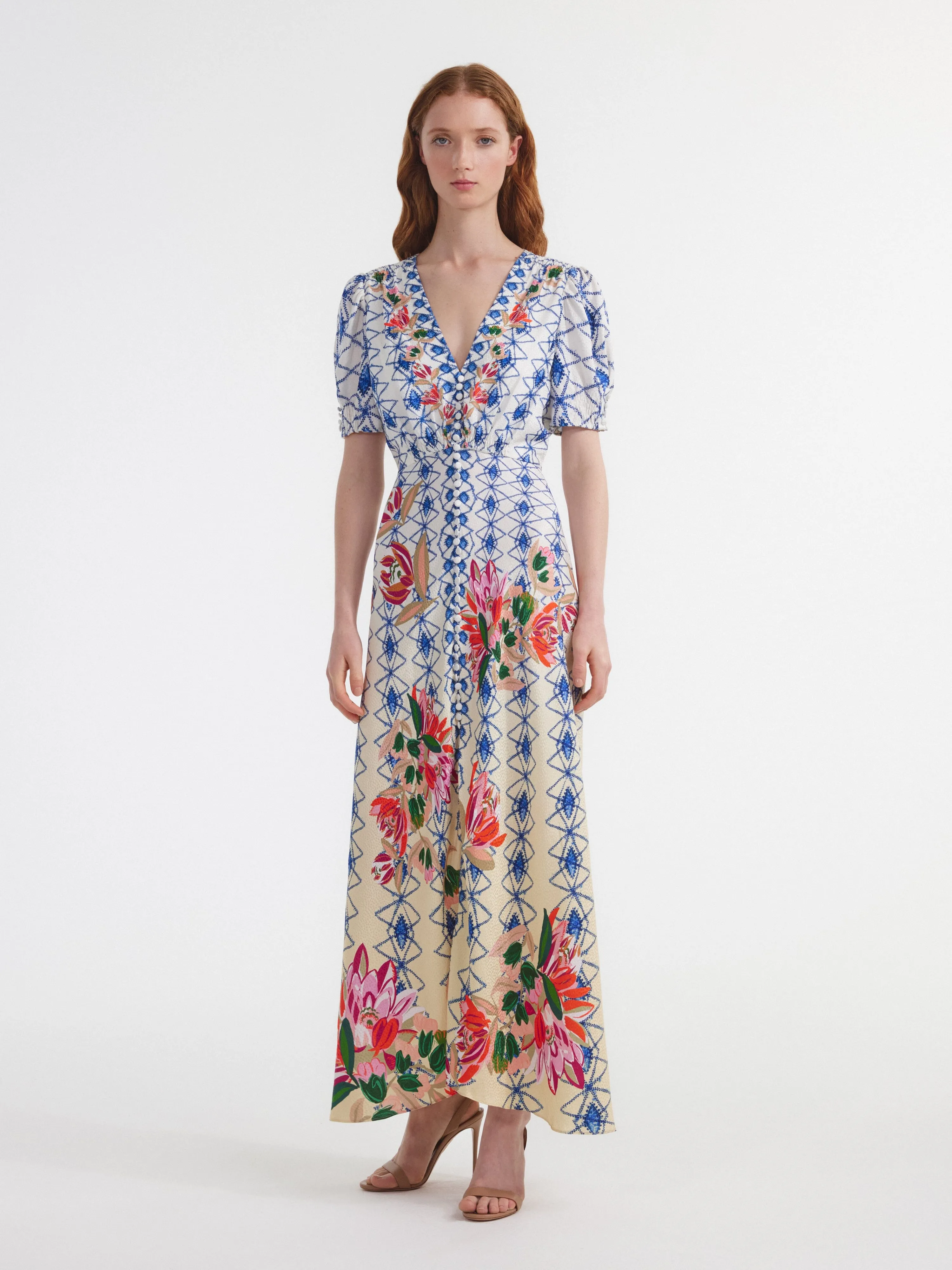 Lea Long Dress in Opal Trellis print