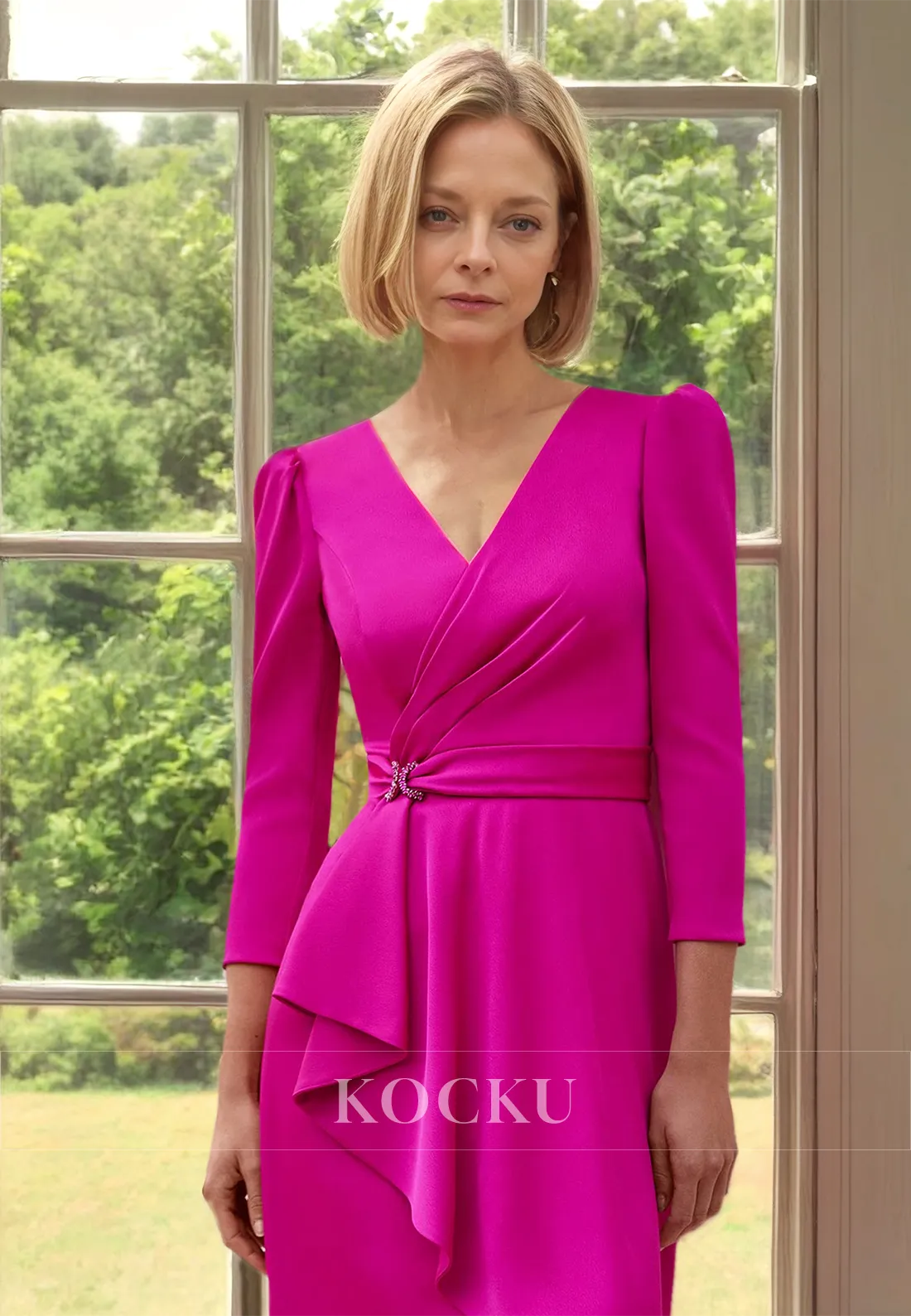 Low V-Neck Sheath Long Sleeves High Low Pleats Satin Mother of Bride with Beads Cocktail Gowns