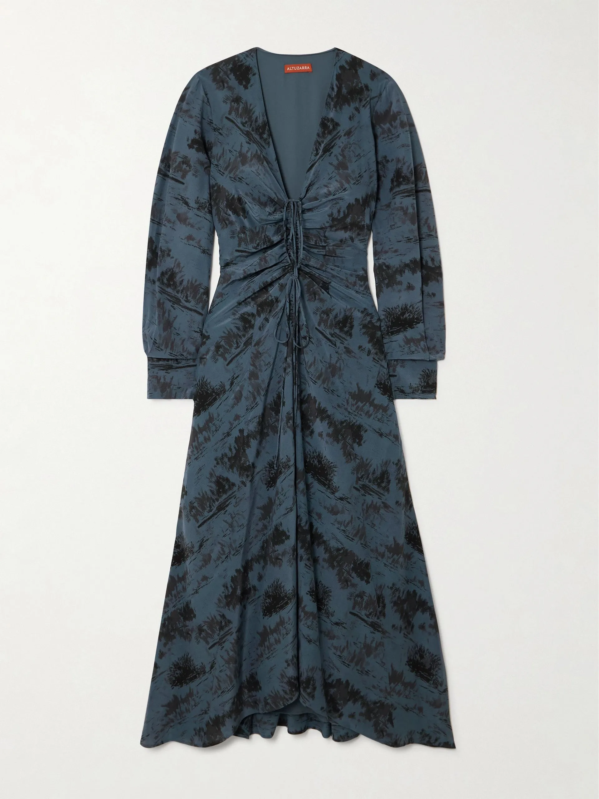 Mila ruched printed silk-crepe midi dress
