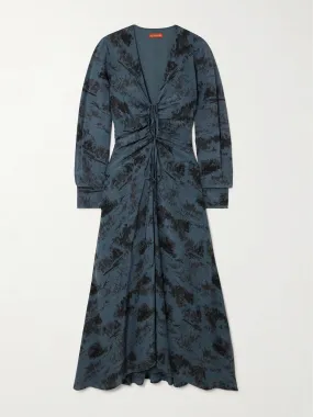 Mila ruched printed silk-crepe midi dress