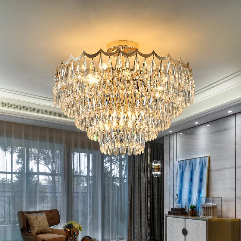 Modern Gold Flush Mount Chandelier with Clear Crystal Drops - 9-Bulb Bedroom Ceiling Lighting - 3-Layer Design