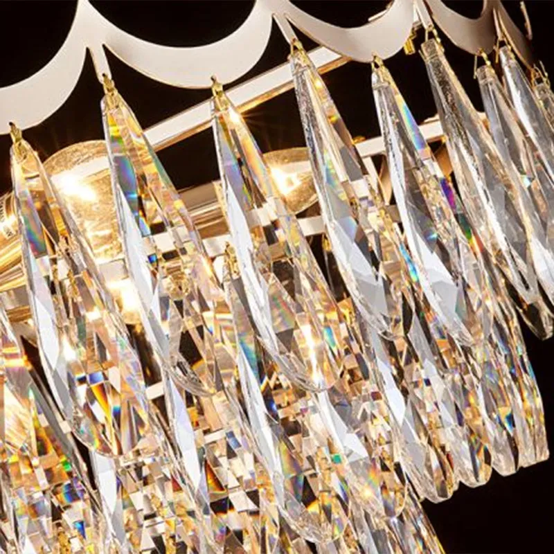 Modern Gold Flush Mount Chandelier with Clear Crystal Drops - 9-Bulb Bedroom Ceiling Lighting - 3-Layer Design