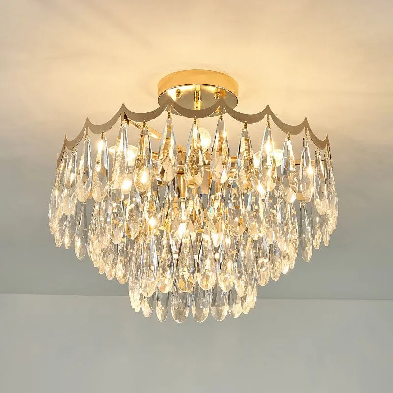 Modern Gold Flush Mount Chandelier with Clear Crystal Drops - 9-Bulb Bedroom Ceiling Lighting - 3-Layer Design