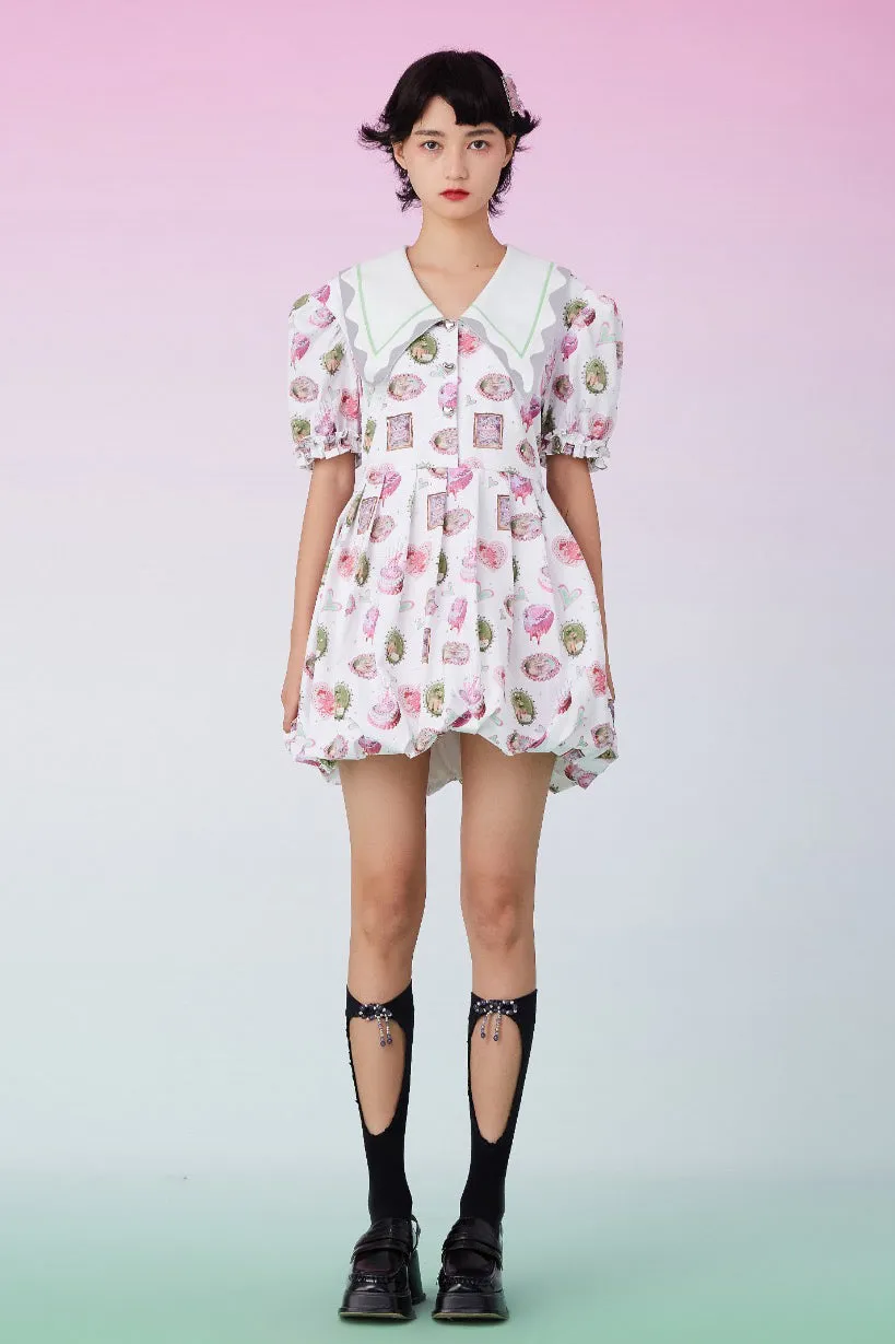 Mukzin | Cute Floral Digital Printed Dress - 囍XI