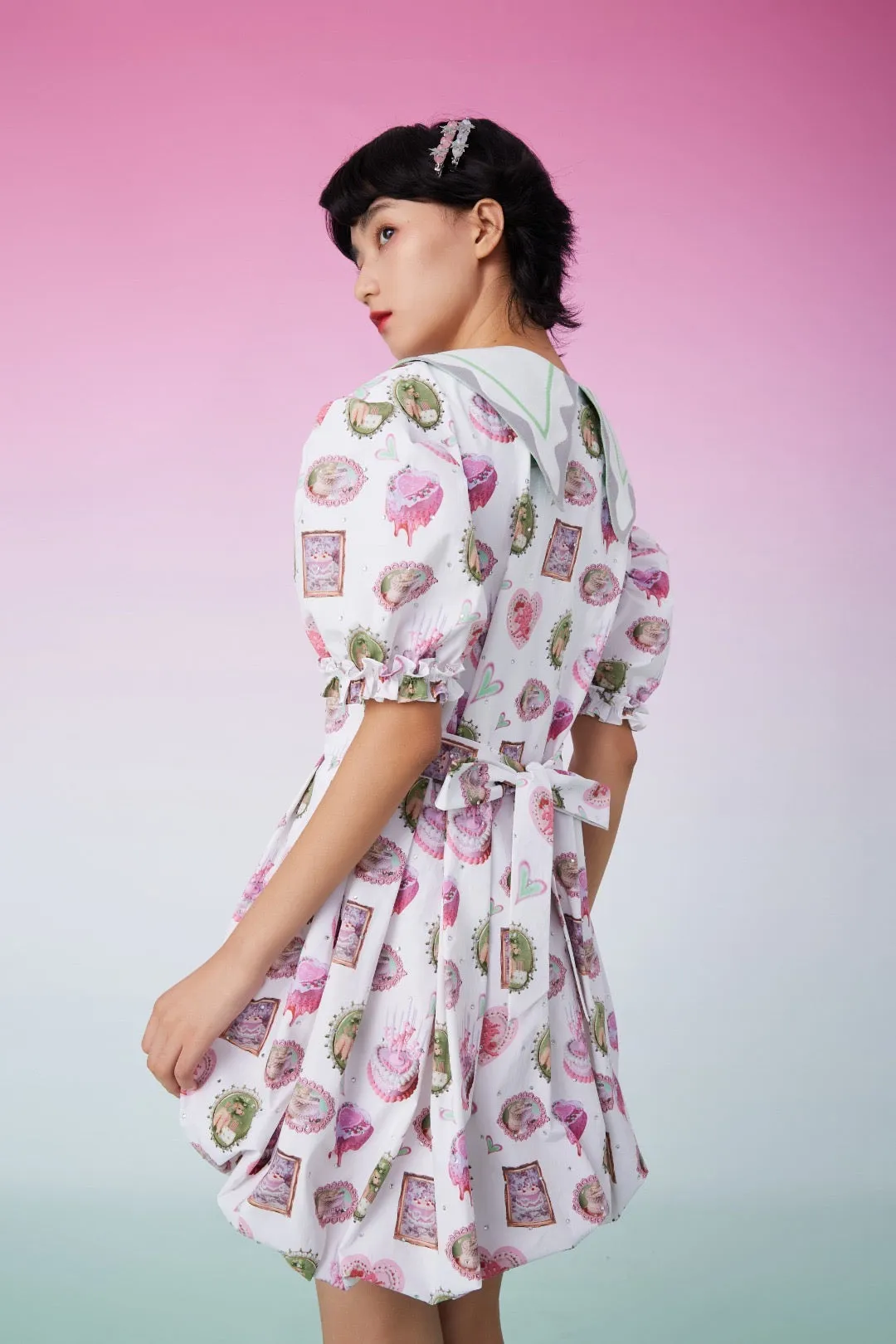 Mukzin | Cute Floral Digital Printed Dress - 囍XI
