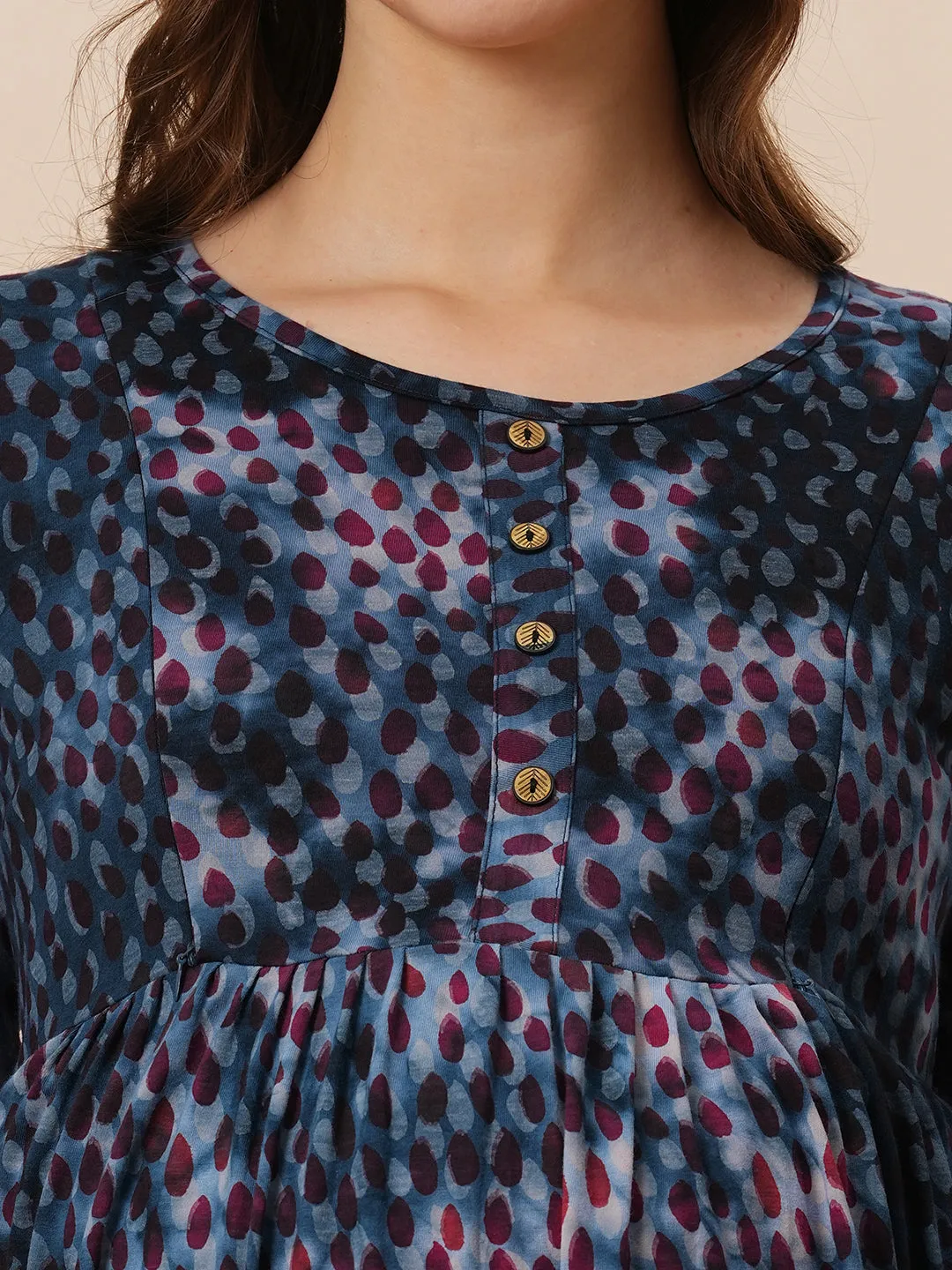 Organic Cotton Long Length Maternity Dress with 3/4th sleeves ISML023-Grunge Flowerburst-