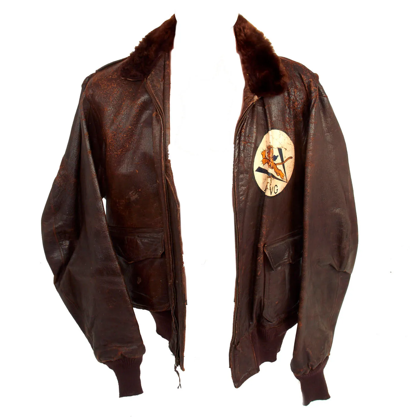 Original U.S. WWII Navy Pilot AVG Flying Tigers Painted G-1 Leather Flying Jacket - Postwar Paint
