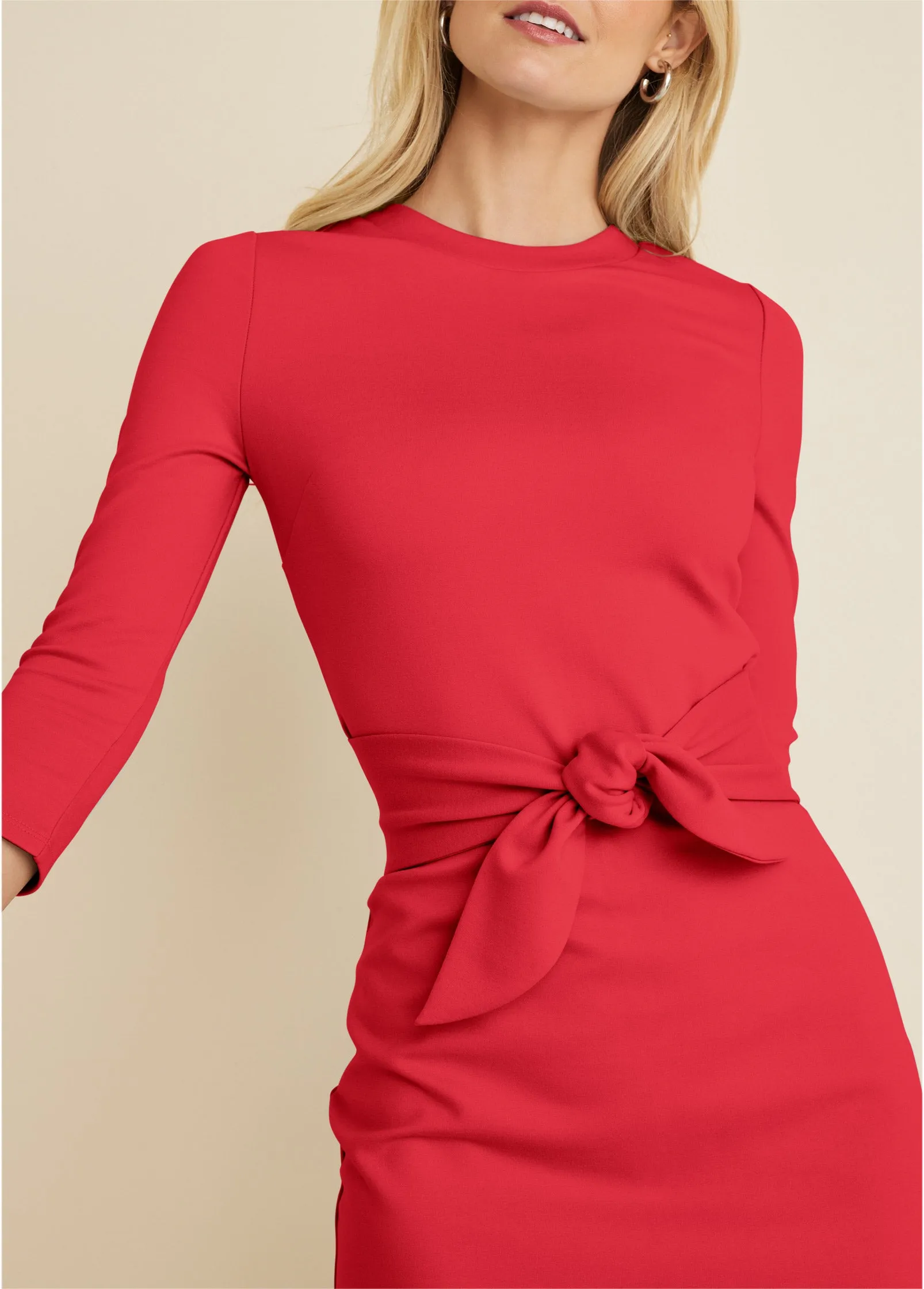 Ponte Tie Waist Dress - Red