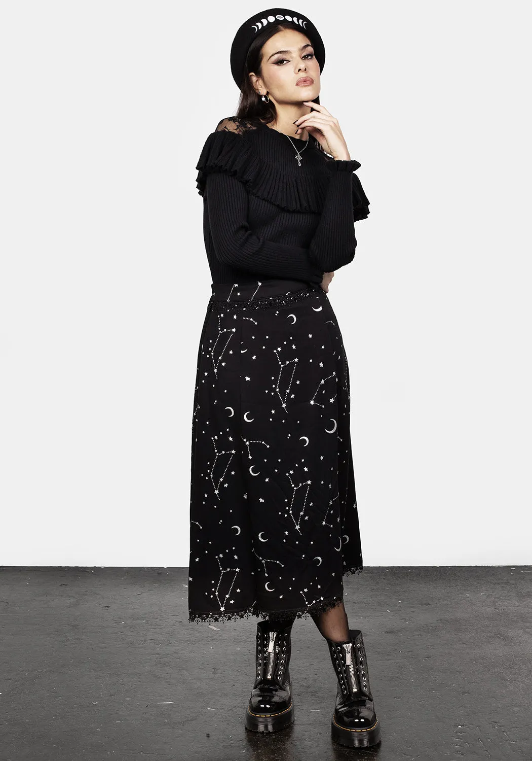 Silver Celestial Print Double Split Skirt
