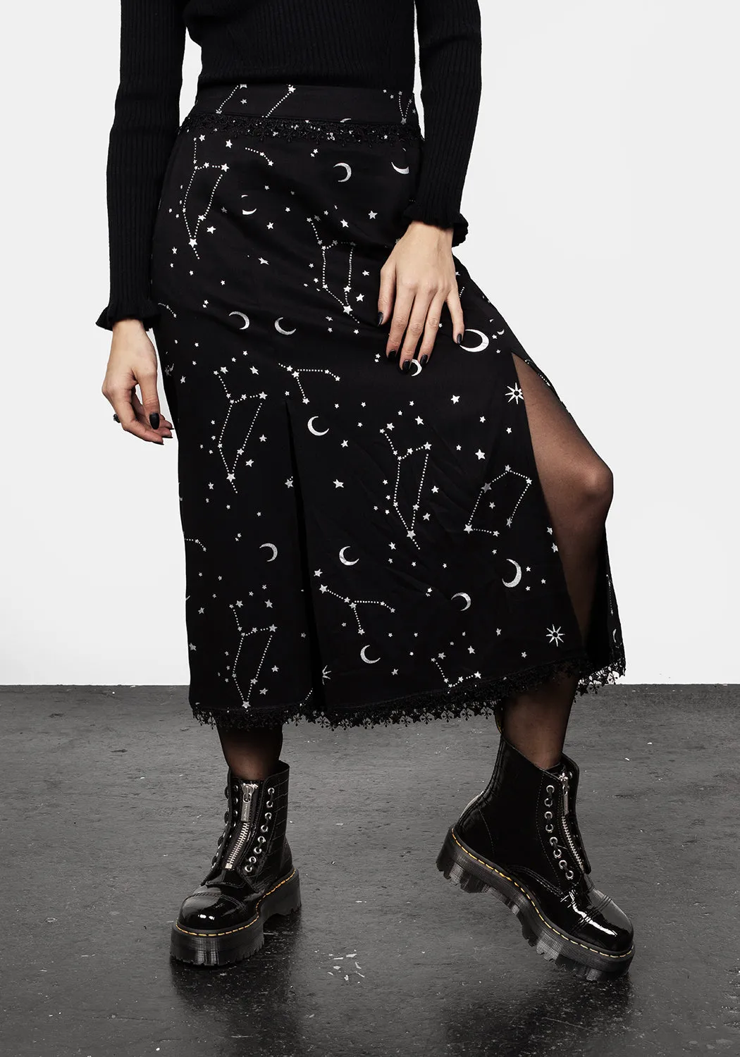 Silver Celestial Print Double Split Skirt