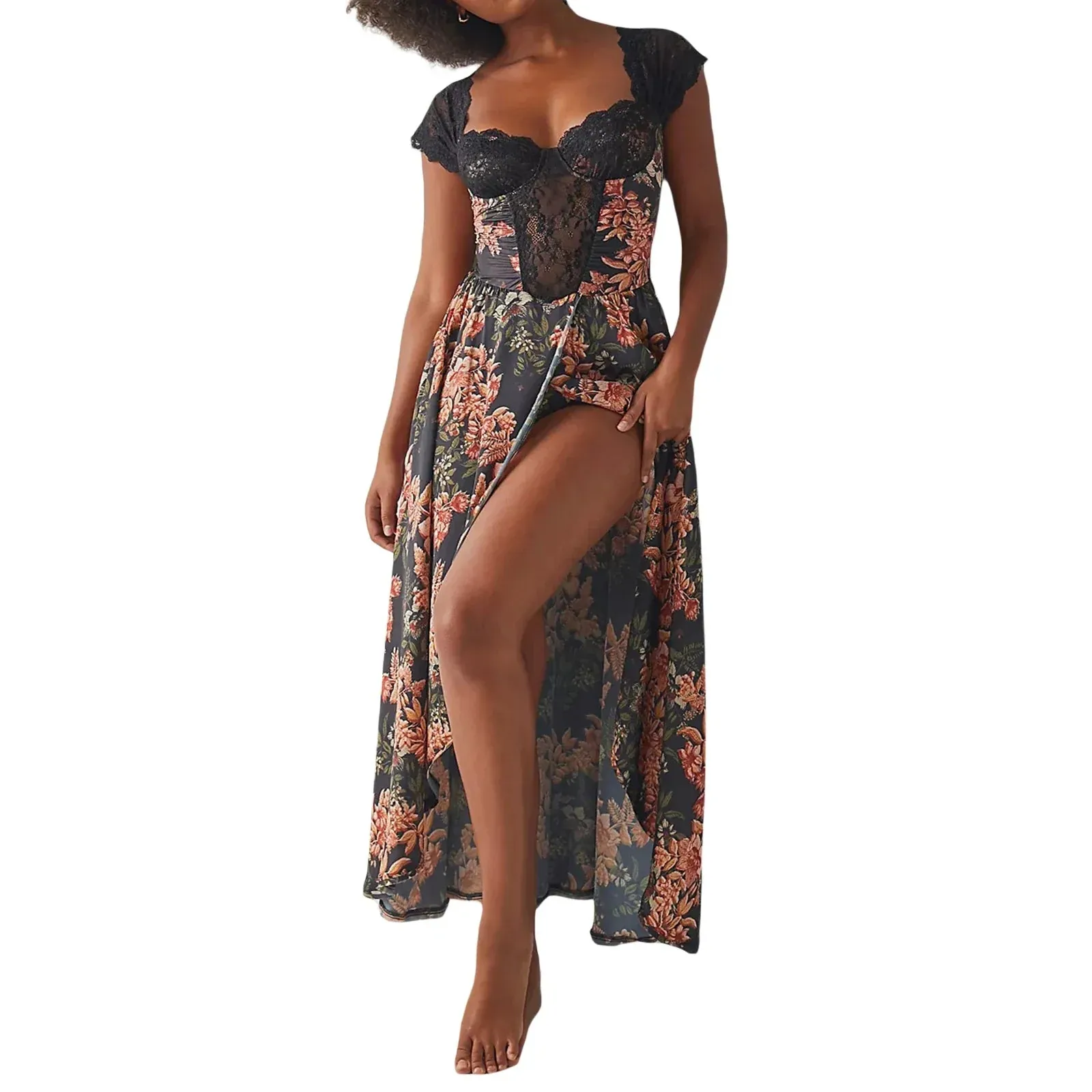 Square Neck Lace Patchwork Long Sleeve Low Cut Bustier Club A Line Casual Women's Dress