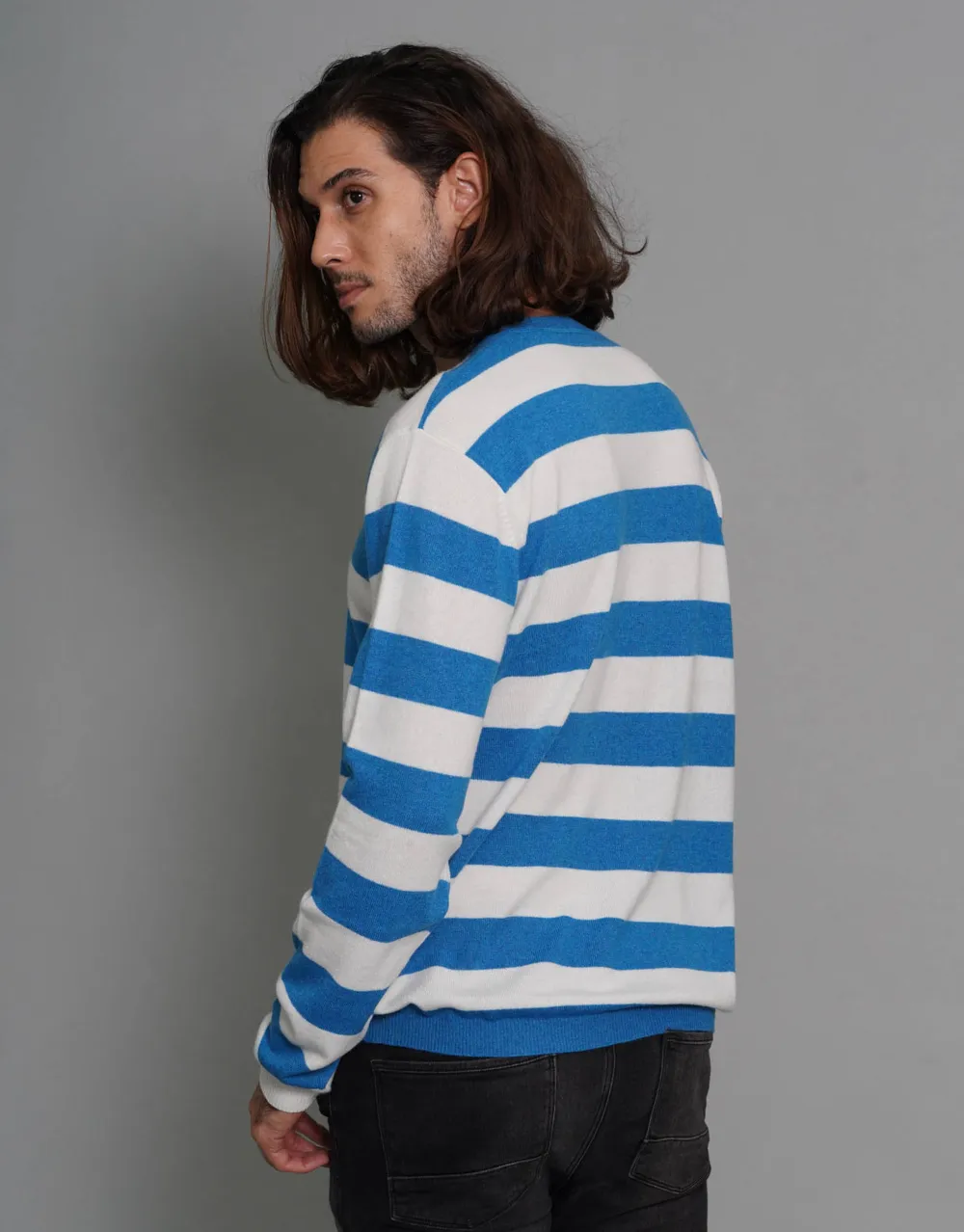 Stripey Men's Round Neck Pullover in Peacock