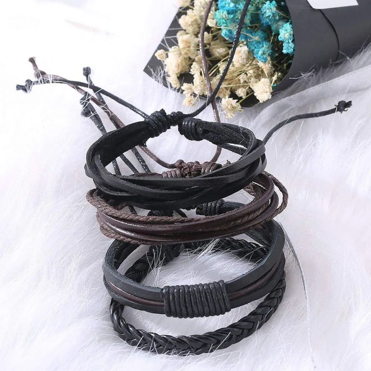 Stylish Black Leather Brown Wrist Band Strand Bracelet Men