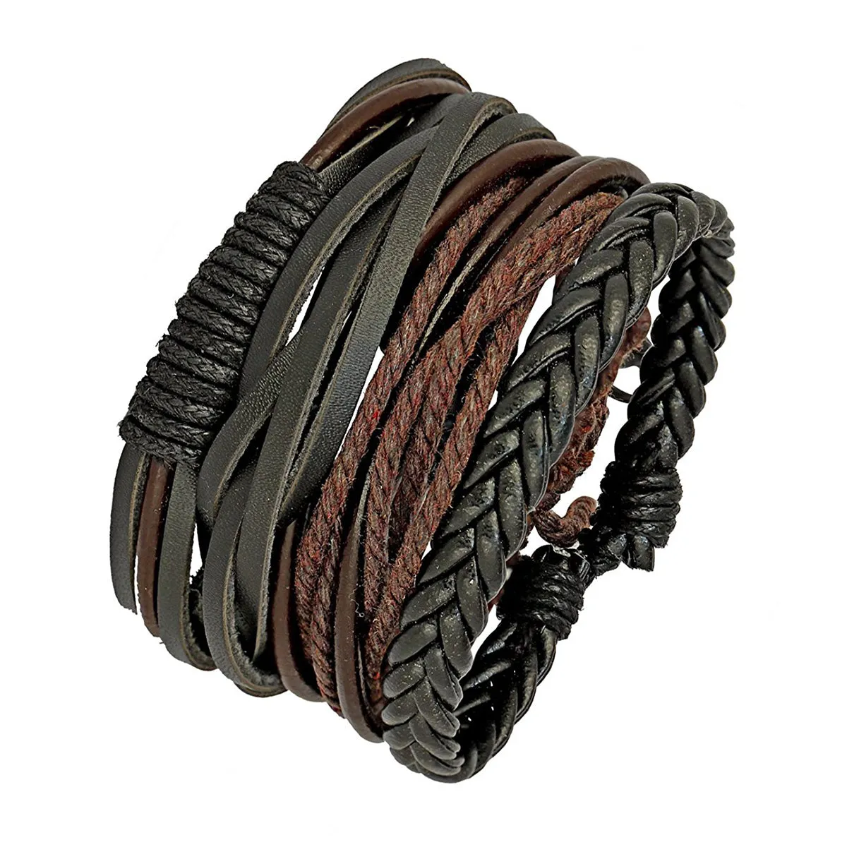 Stylish Black Leather Brown Wrist Band Strand Bracelet Men