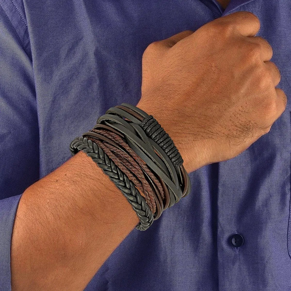 Stylish Black Leather Brown Wrist Band Strand Bracelet Men