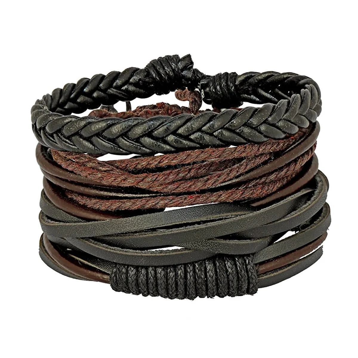 Stylish Black Leather Brown Wrist Band Strand Bracelet Men