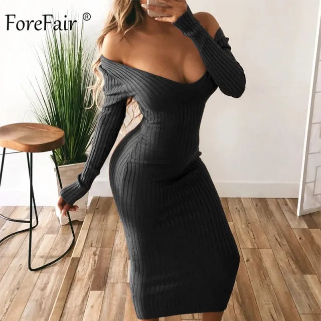 Trendy Long Sleeve  Solid Color Low Cut Long Knitted Dress