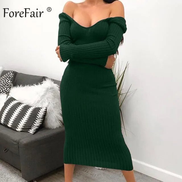 Trendy Long Sleeve  Solid Color Low Cut Long Knitted Dress