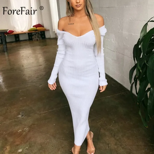 Trendy Long Sleeve  Solid Color Low Cut Long Knitted Dress