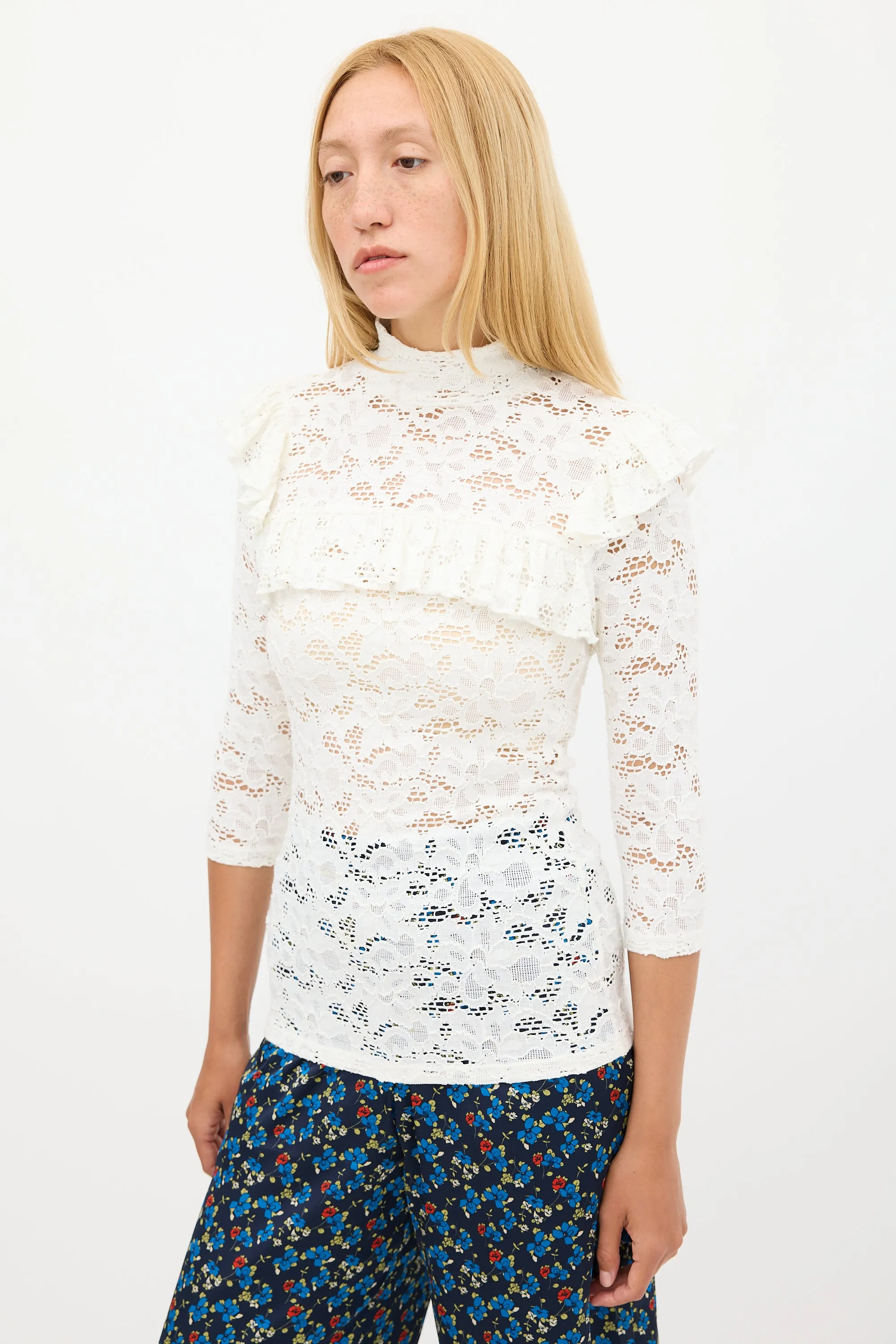 White Floral Lace Ruffled Top