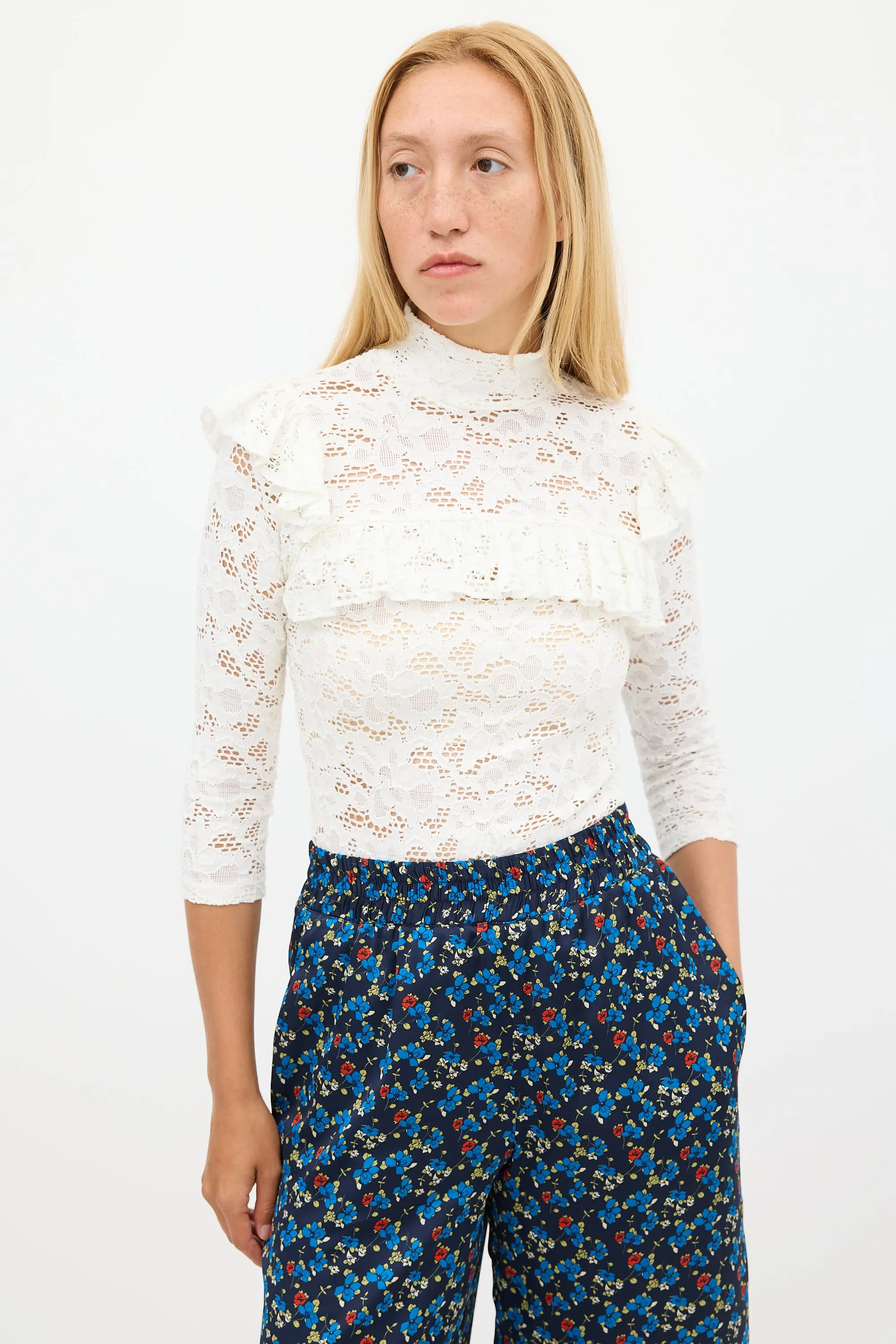 White Floral Lace Ruffled Top