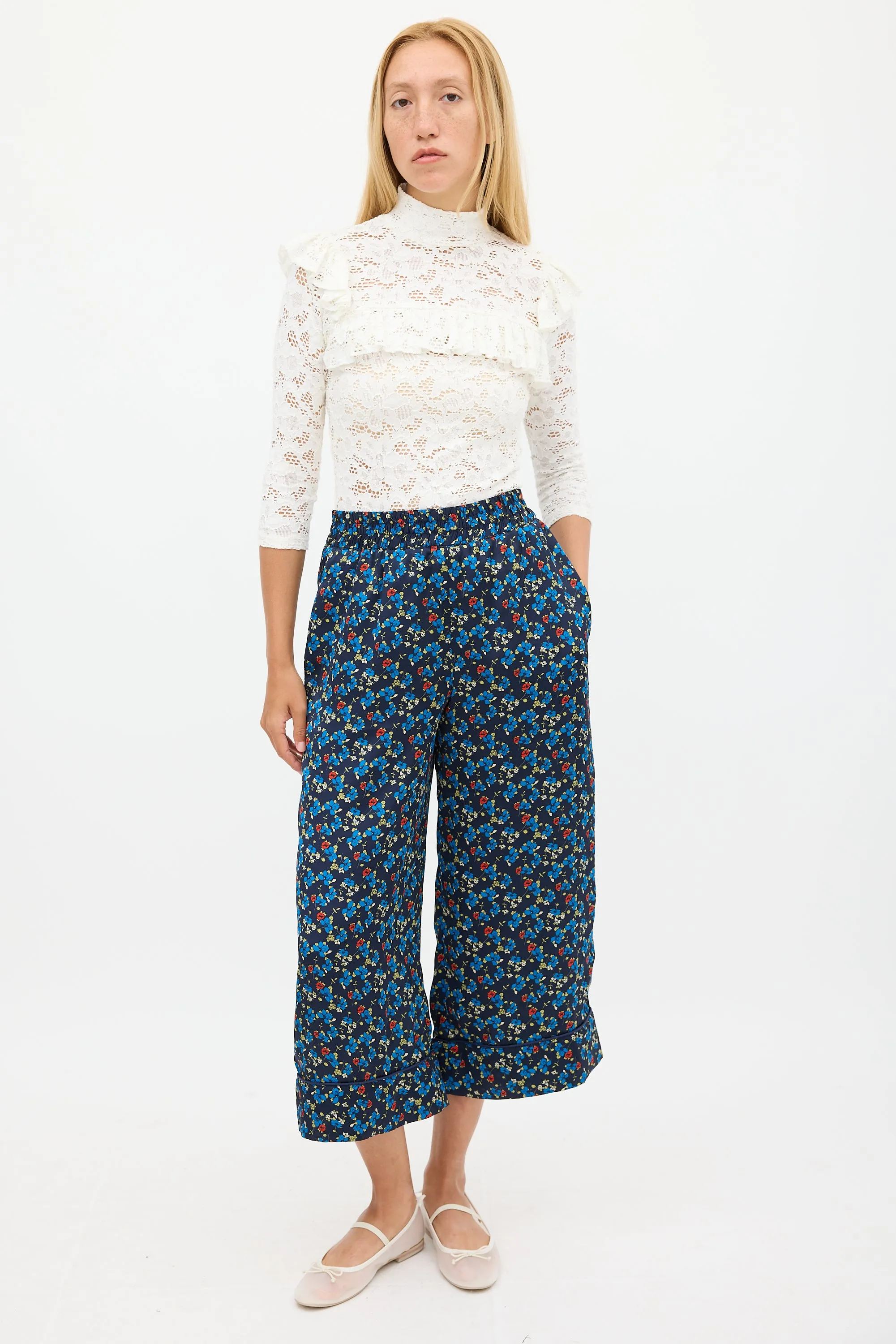 White Floral Lace Ruffled Top