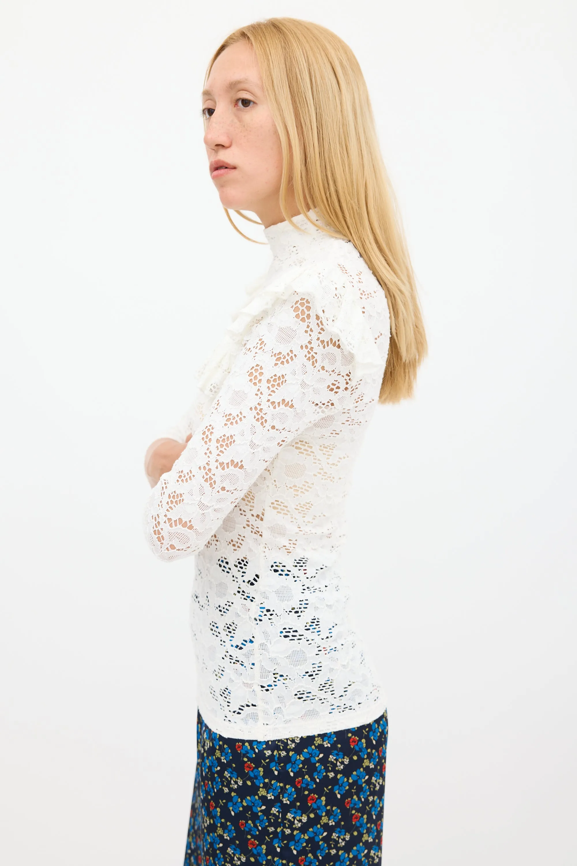 White Floral Lace Ruffled Top