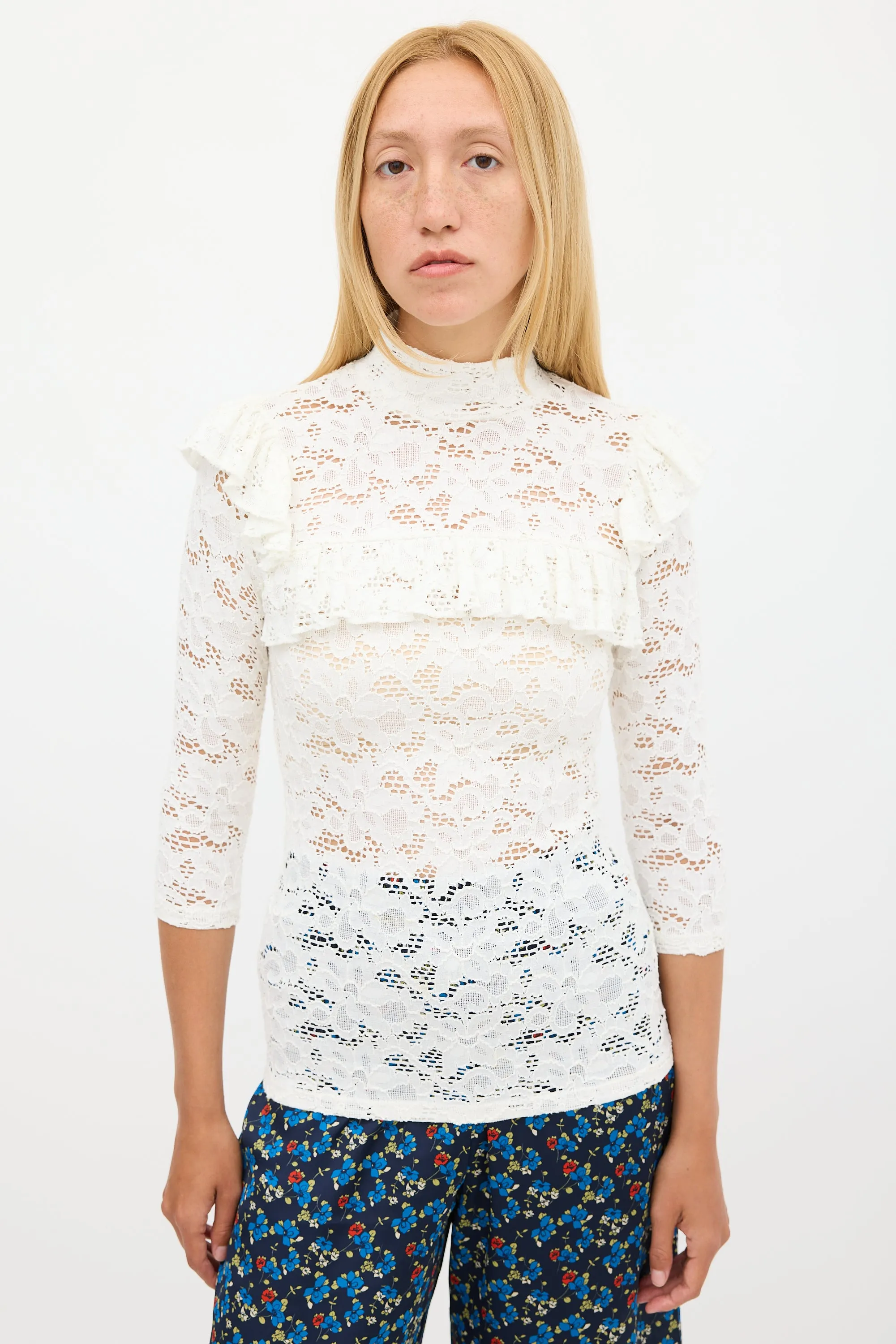 White Floral Lace Ruffled Top