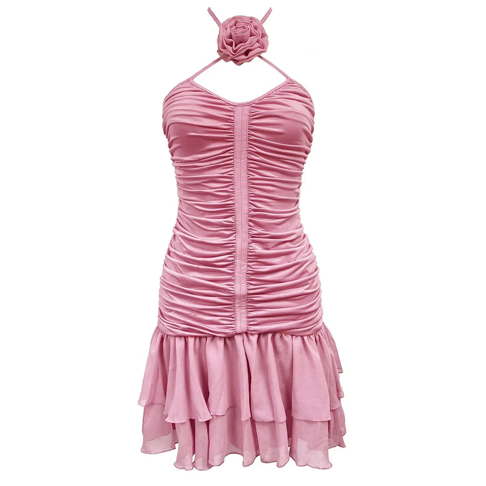 Women’s Solid Color Slim Ruched Low-Cut Halter Neck Backless Mini Dress with 3D Rose Flower